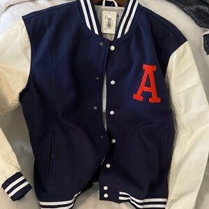 Classic Navy & White Varsity Jacket with Red A Patch